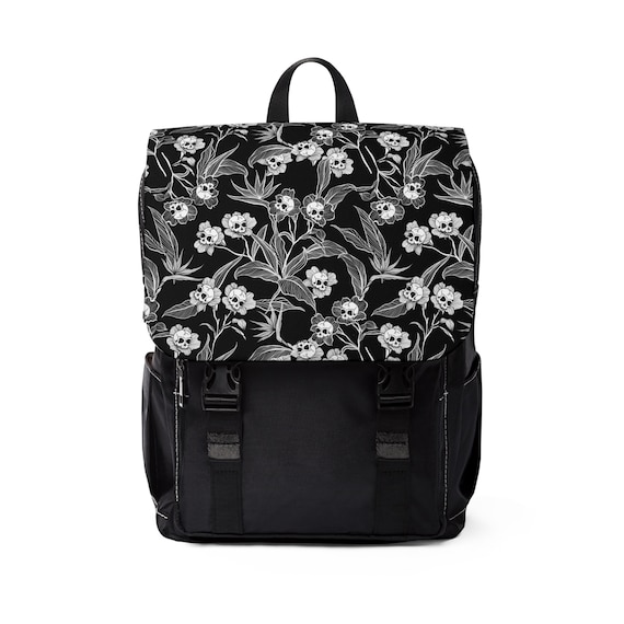 Gothic Floral Book Bag, Spooky Whimsigoth skull flower shoulder backpack w macabre goth cottagecore skeleton print. Punk back to school gift