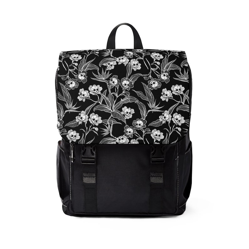 Sac à dos floral gothique, sac à dos fantasmagorique fantasmagorique fantasmagorique à bandoulière en forme de crâne et de fleur avec un imprimé squelette gothique macabre. Cadeau punk pour la rentrée des classes image 1