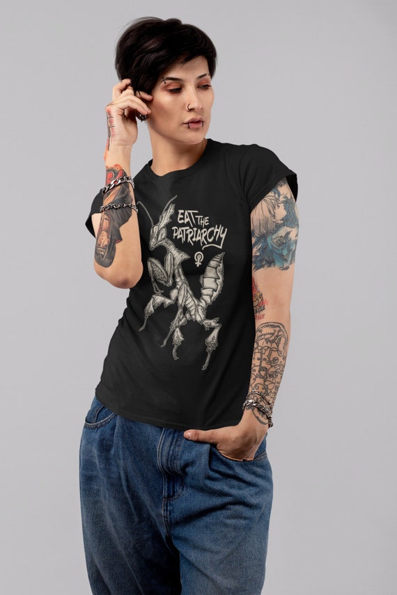 Punk Feminist Tee, Eat the Patriarchy political praying ghost mantis tshirt for gender equality and reproductive rights, gift for leftist