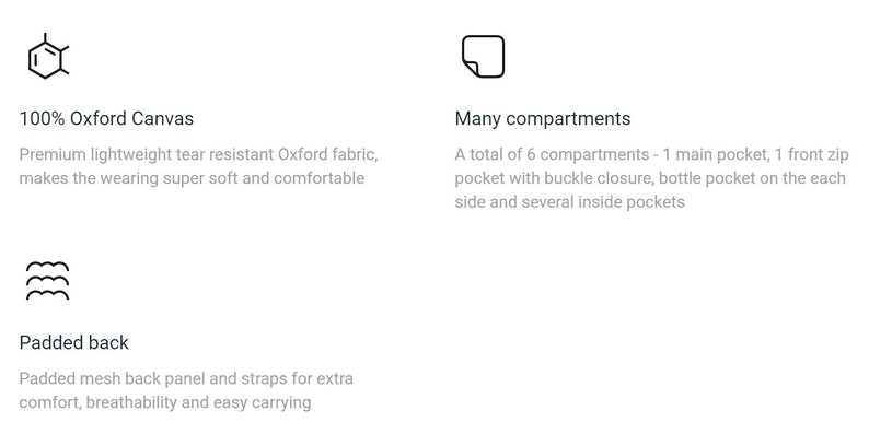 Peut inclure: Un sac &agrave; dos en toile Oxford 100% avec de nombreux compartiments, dont une poche principale, une poche zipp&eacute;e &agrave; l'avant, une poche pour bouteille et plusieurs poches int&eacute;rieures. Le sac &agrave; dos est dot&eacute; d'un panneau arri&egrave;re en mesh rembourr&eacute; et de bretelles pour plus de confort et de respirabilit&eacute;.