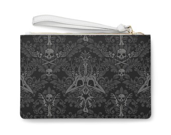 Gothic Floral Clutch Bag, gruselige tiki Schädel Blume Handgelenktasche oder kleine Geldbörse mit dunklem botanischen Druck. Rockabilly Accessoire Schminktasche Geschenk