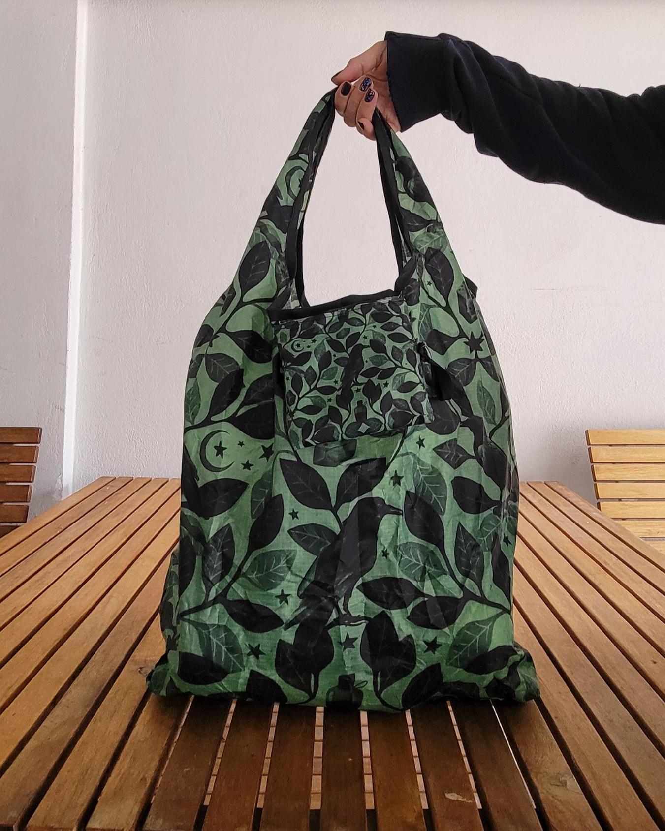 Witchy Raven Shopping Tote, Green Botanical Forest Witch Folding