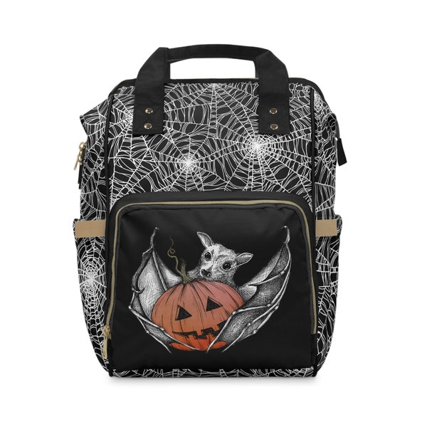 Halloween Diaper Backpack, Bat & carved pumpkin nappy bag w/ abstract gothic spider web pattern. A spooky gift for a goth mom's baby shower