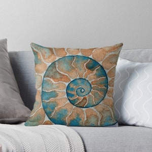May include: A watercolor painting of a nautilus shell with a blue and brown color scheme. The shell is spiraled and has a textured appearance.