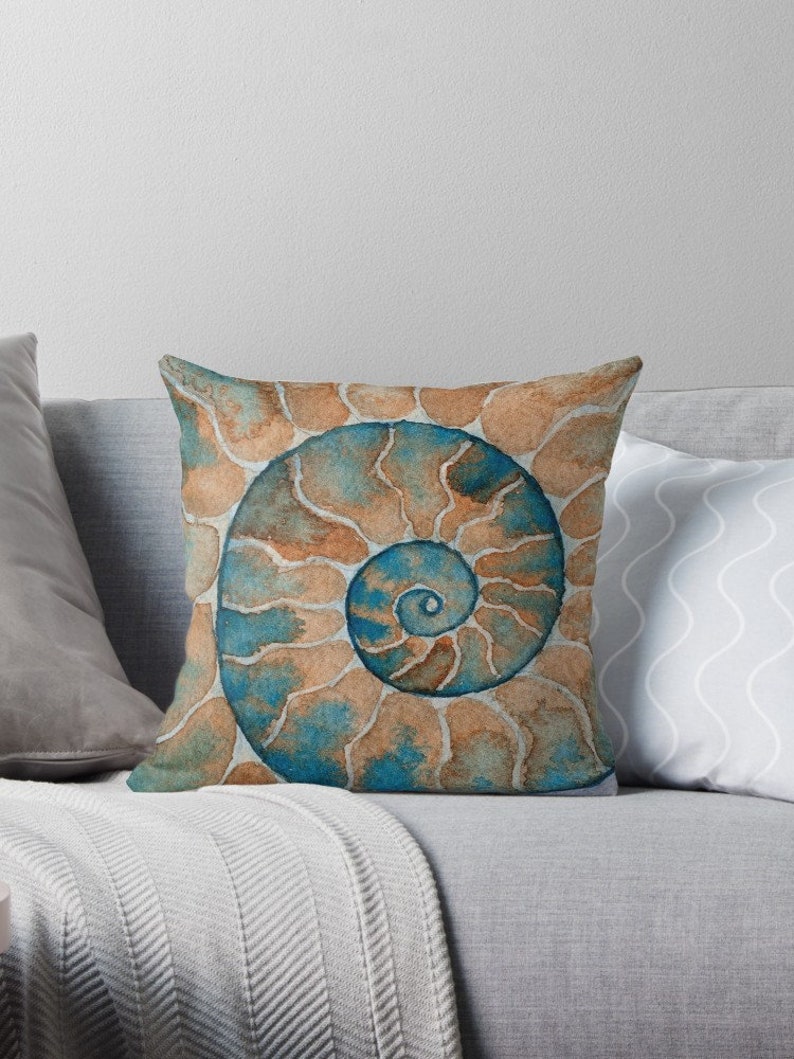 May include: A watercolor painting of a nautilus shell with a blue and brown color scheme. The shell is spiraled and has a textured appearance.