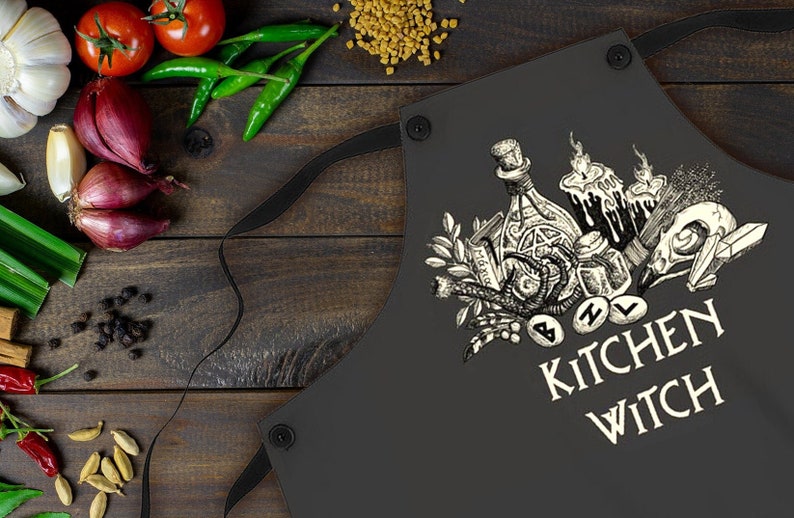Kitchen Witch Apron. Occult black magic chef apron. Wiccan kitchen wear. Witchy art pinafore. Gothic home cook gift Cooking spells & potions image 3