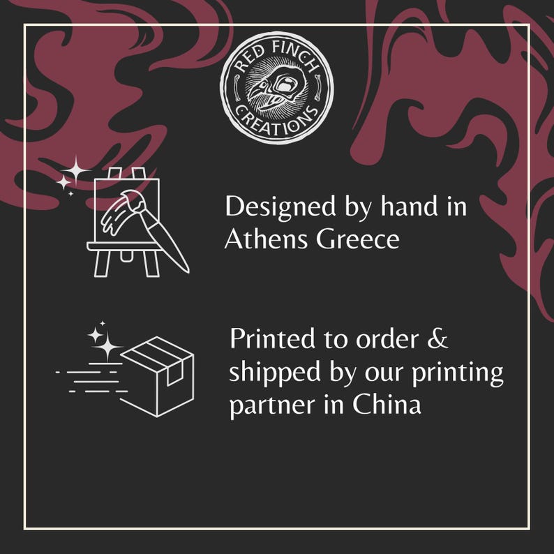 Pu&ograve; includere: Grafica con il testo "Designed by hand in Athens Greece" e "Printed to order & shipped by our printing partner in China." L'immagine include anche un logo e illustrazioni di un cavalletto e una scatola.