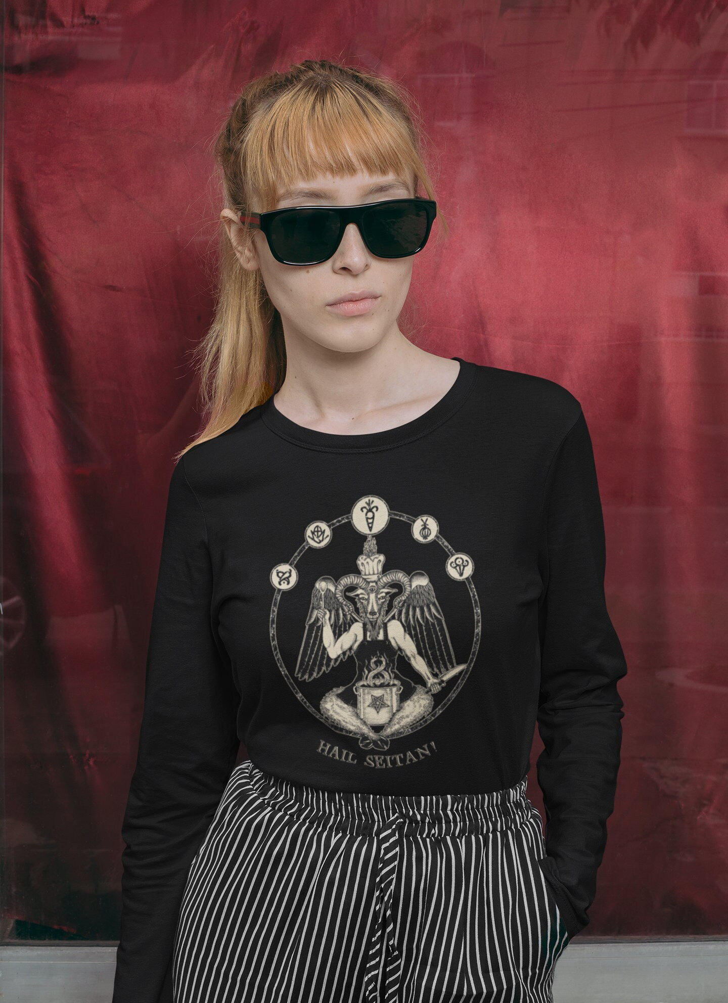 Hail Seitan Long Sleeve Tee, Vegan Chef Baphomet Tshirt, Hardcore 