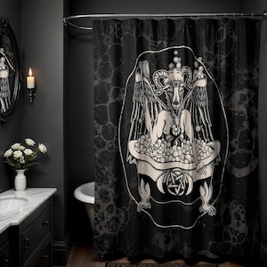 May include: Black and white shower curtain with a graphic of a horned figure in a bathtub with bubbles. The figure has wings and is holding a toothbrush. The bathtub has a pentagram symbol on the bottom.