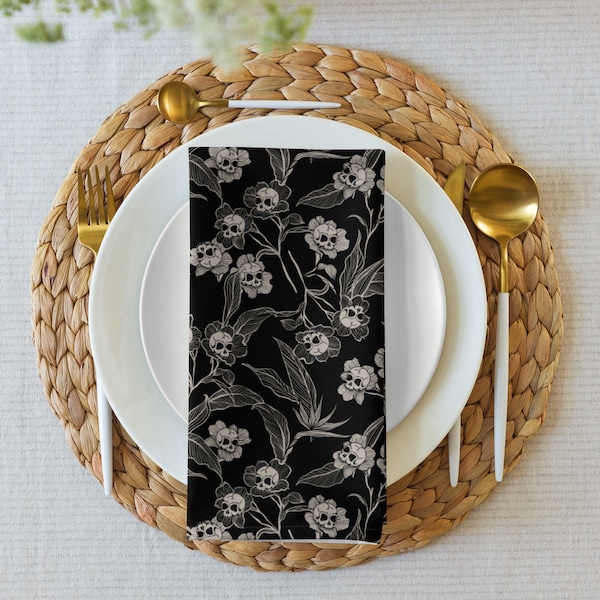 Gothic Floral Napkins, Cloth napkin set w elegantly spooky macabre skull flowers. The perfect dark art cottagecore dining table decor accent