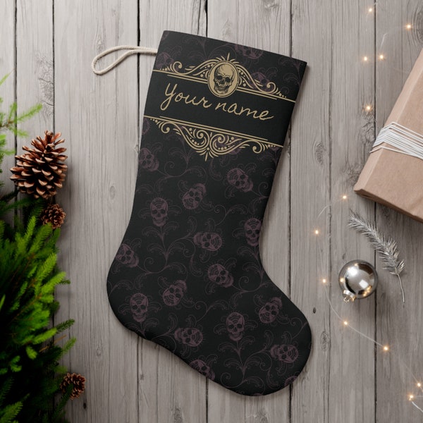 Spooky Human Skull Yule Stocking, Personalized Gothic Holiday Decoration For Christmas Yule Solstice or Halloween in Macabra Black & Purple