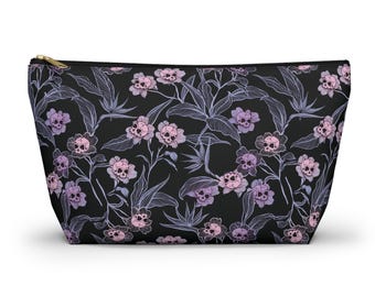 Pastel Goth Pouch, Spooky pink gothic floral skull makeup bag, travel accessory clutch, or pencil case. Dark candycore gift for witchy souls