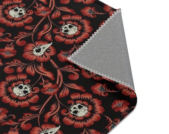 Goth Victorian Skull Rug, Red gothic floral accent carpet, Occult damask witchy bird home decor, Spooky Macabre Baroque Outdoor Area Rug