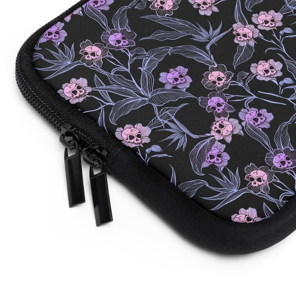 Pastel Goth Laptop Sleeve, Spooky skull flower protective tablet case in black pink & purple. Macabre floral gift for witchy digital nomad