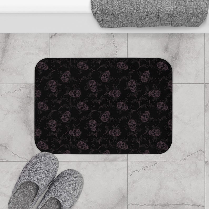 Dark Skull Bath Mat, Elegant Gothic Academia Human Skeleton Shower Rug in Black & Eggplant. A Spooky Whimsigoth Witchcore Home Decor Accent 24" × 17"