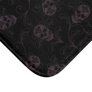 Dark Skull Bath Mat, Elegant Gothic Academia Human Skeleton Shower Rug in Black & Eggplant. A Spooky Whimsigoth Witchcore Home Decor Accent image 5