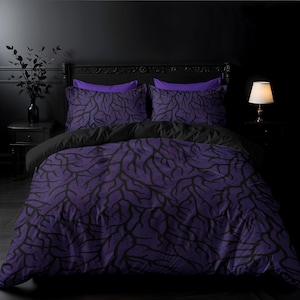 Purple Thorn Bedding, Dark Gothic 3-Piece Duvet Cover & Pillowcase Set w/ Spooky Roots + Vines, Moody Bedroom Home Decor for Goth Aesthetic