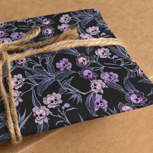 Pastel Goth Gift Wrap, Spooky yet elegant macabre floral craft or wrapping paper w/ pale pink & purple deadly beautiful skull flowers image 8