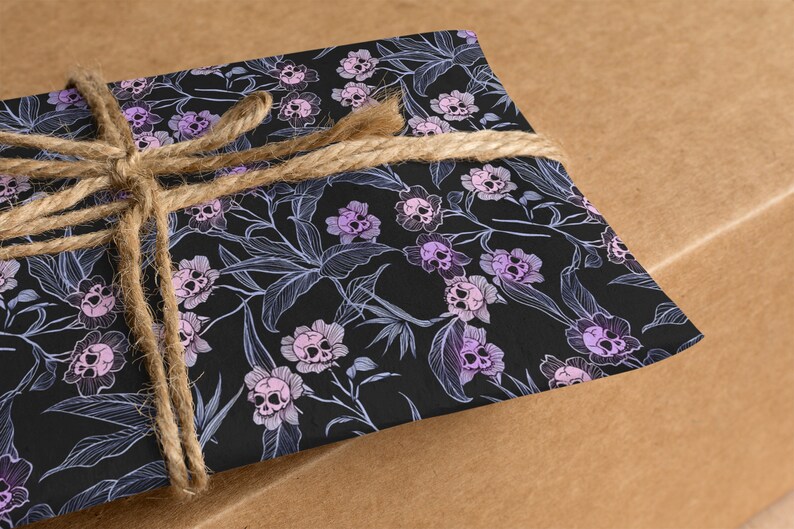 Pastel Goth Gift Wrap, Spooky yet elegant macabre floral craft or wrapping paper w/ pale pink & purple deadly beautiful skull flowers image 8