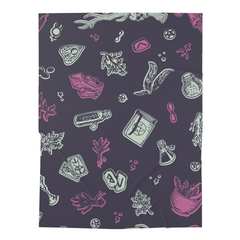 May include: A dark purple background with a repeating pattern of various witchcraft symbols in pink and green. The symbols include a crystal, a book with a pentagram, a cauldron, a bottle, a tarot card, a sprig of herbs, a pentagram, and an infinity symbol.