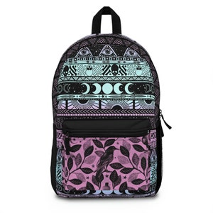 Pastel Witch Backpack, Boho Goth multifunctional travel or school bookbag w/ ethereal pink raven watercolor art & esoteric tribal stripes