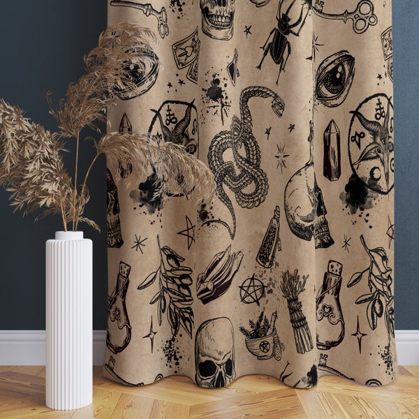 Occult Window Curtain, Beige Drapes w/ esoteric symbols, skeletons, and spooky goth omens for witchy home decor accent in sheer or blackout