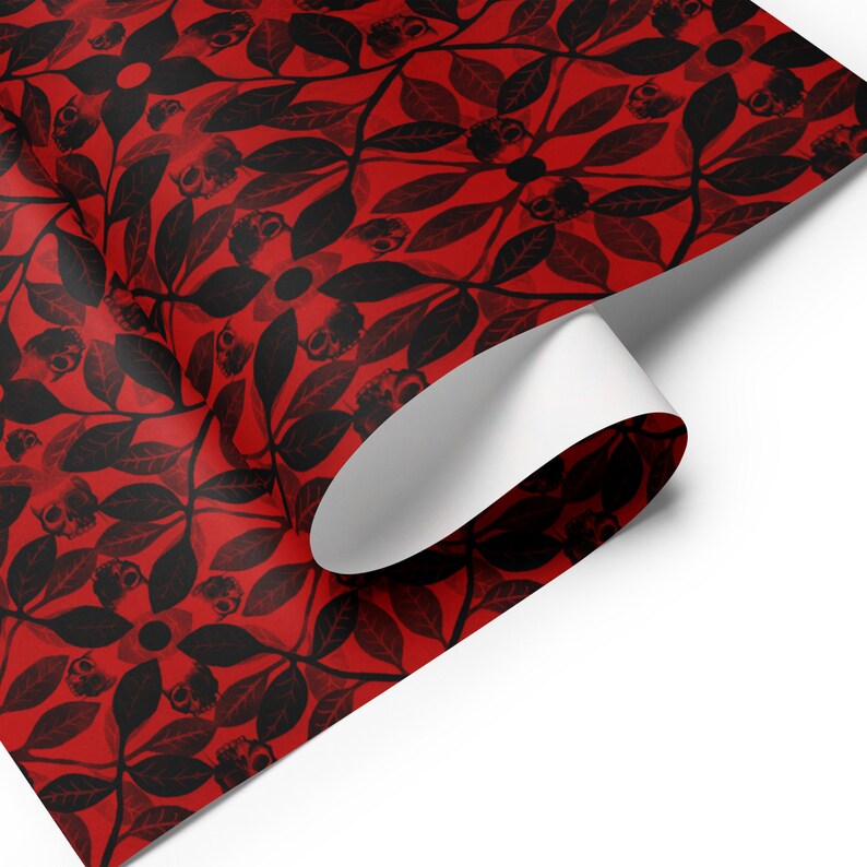 Spooky Gift Wrap Pack, Black, White and Red Halloween Wrapping Paper Sheets w/ Watercolor Skulls, Goth Spider Webs, and Witchy Botanicals Single Sheet: Red