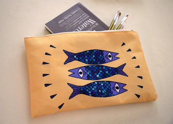 Blue Fish Art Pouch W/ 3 Abstract Sardines Against a Yellow Background.  Makeup Bag, Pencil Case, Ocean Life Coin Purse, Beach Accessory Bag 