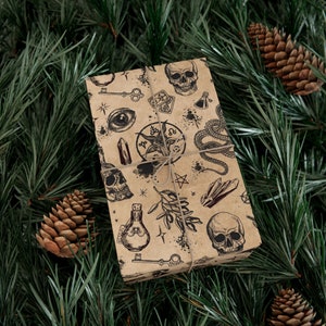 Occult Wrapping Paper, Spooky macabre gift wrap w/ arcane esoteric symbols, skulls, & magick elements. Perfect for witchy Halloween presents
