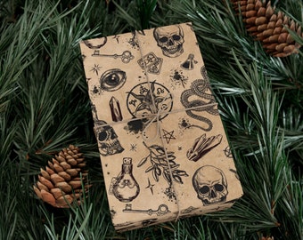 Occult Wrapping Paper, Spooky macabre gift wrap w/ arcane esoteric symbols, skulls, & magick elements. Perfect for witchy Halloween presents