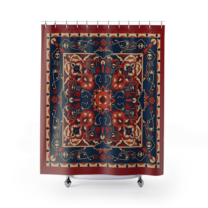 Dansend skelet mandala douchegordijn, spooky goth boho maximalistisch badaccent in roestrood en blauw, elegant humeurig halloween badkamerdecor afbeelding 2