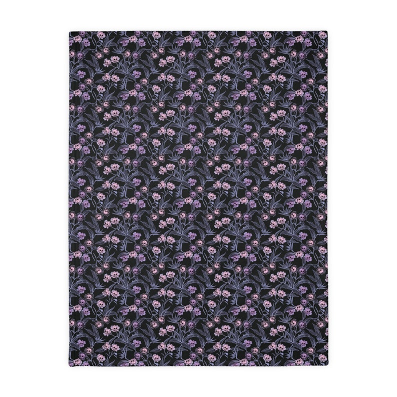 Pastel goth blanket w/ purple, pink & blue skull flowers and soft lilac minky back. A spooky nursery decor gift for the witchy gothic mom image 10