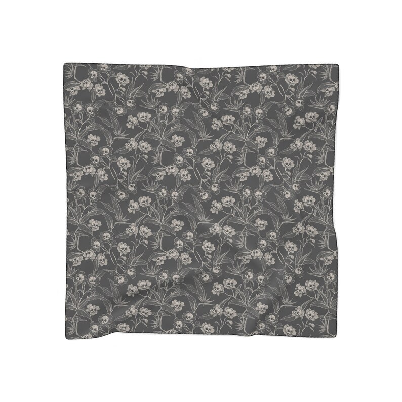 Gothic Floral Sheer Scarf, Elegant spooky tiki skull flower poly voile headscarf, altar cloth or neckwear fashion accessory in black & cream image 5