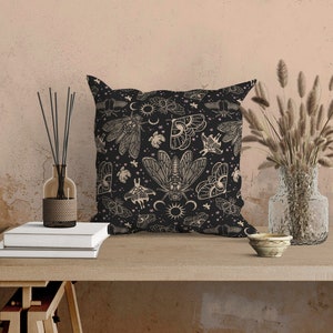 Occult Cicada Pillow: Witchy Couch Accent in Black Gold & Pink - Dark Cottagecore Home Decor Aesthetic - Spun Polyester Square Throw Cushion