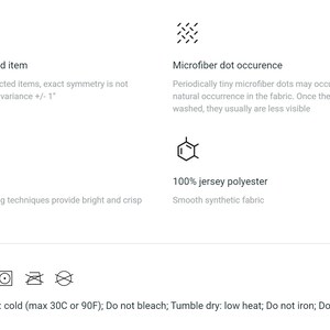 May include: A graphic showing the details of a pre-constructed item, including the fabric, color, and care instructions. The item is made of 100% jersey polyester and can be machine washed cold, tumble dried low, and should not be bleached, ironed, or dry cleaned.