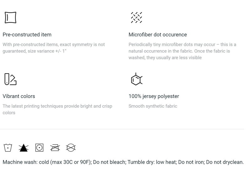May include: A graphic showing the details of a pre-constructed item, including the fabric, color, and care instructions. The item is made of 100% jersey polyester and can be machine washed cold, tumble dried low, and should not be bleached, ironed, or dry cleaned.