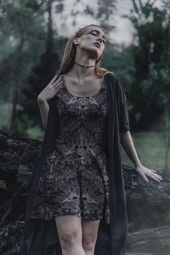 Macabre Victorian Dress, Spooky Gothic Skater Sundress w/ Human & Raven Damask Skulls and Bones. Casual Dark Cottagecore Fashion Clothing