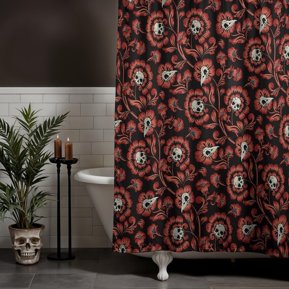 Victorian Skull Shower Curtain, Red & black damask bones floral bathroom accent for spooky gothic home decor. Whimsigoth housewarming gift