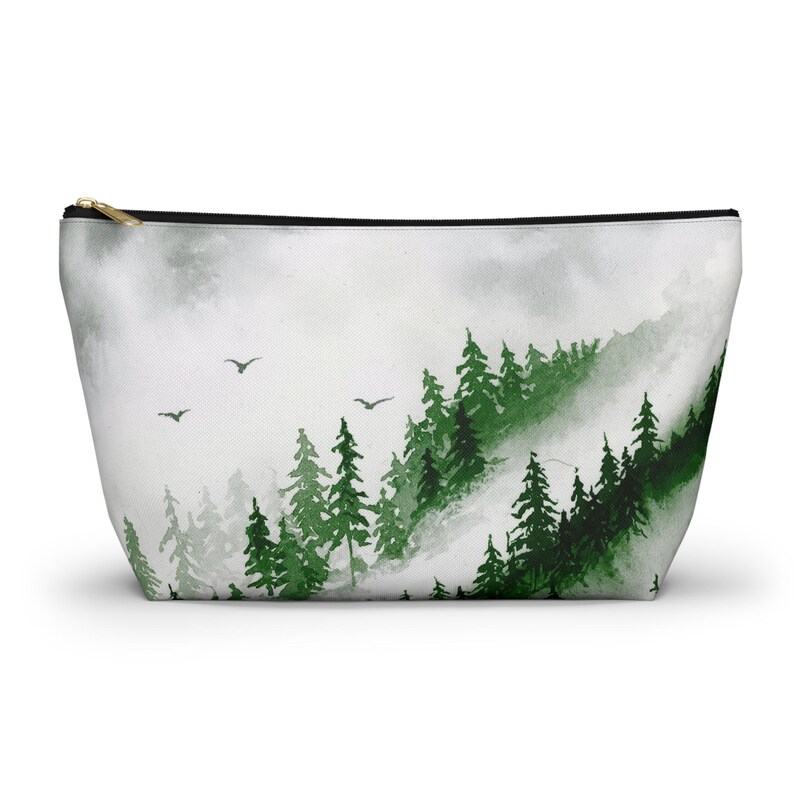 Misty forest art pouch. carry pencils, art supplies, or makeup in style w/ this watercolor foggy mountain painting accessory bag. Great gift Green
