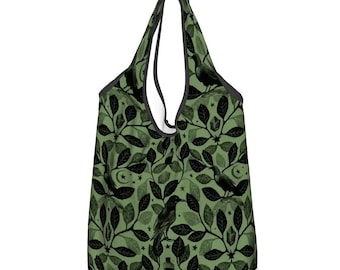 Witchy Raven Shopping Tote, Green Botanical Forest Witch Folding Reusable Grocery Bag w/ Gothic Vibes, Dark Fairycore Art Gift for Goth Mom