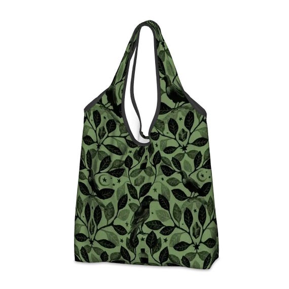 Witchy Raven Shopping Tote, Green Botanical Forest Witch Folding Reusable Grocery Bag w/ Gothic Vibes, Dark Fairycore Art Gift for Goth Mom