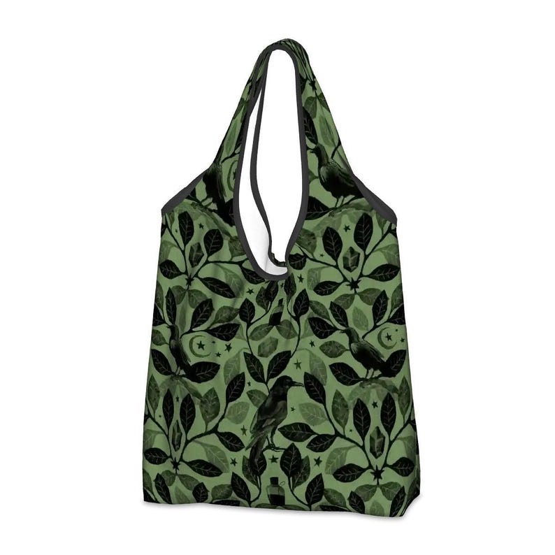 Witchy Raven Shopping Tote, Green Botanical Forest Witch Folding Reusable Grocery Bag w/ Gothic Vibes, Dark Fairycore Art Gift for Goth Mom image 1
