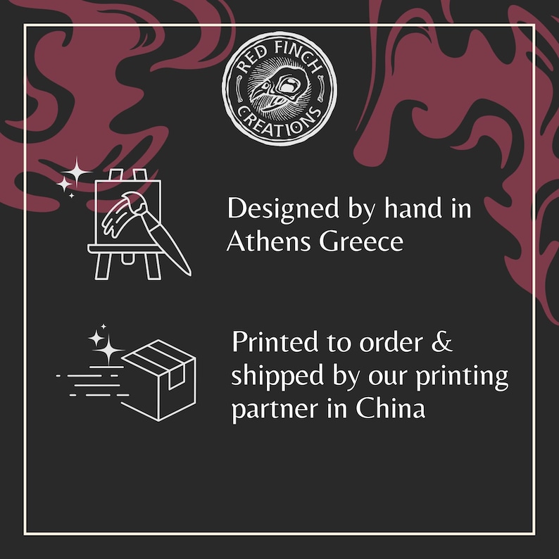 May include: A graphic with the text "Designed by hand in Athens Greece" and "Printed to order & shipped by our printing partner in China." The image includes a logo and illustrations of an easel and a shipping box.