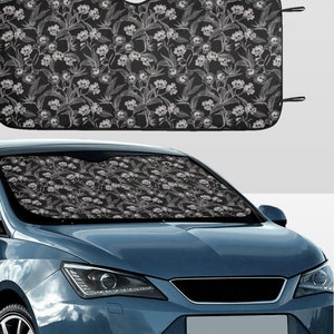 Gothic Blumen Auto Sonnenblende, schöne Makabre Goth Schädel Blumendruck Fahrzeug Fensterabdeckung mit gruseligem Tiki Motiv für LKW, Van oder Leichenwagen