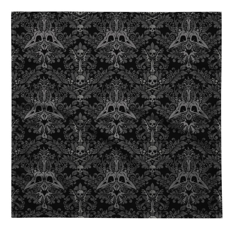 Gothic Victorian Bandana, Versatile Black Spooky Macabre Baroque Skull Cloth for Witchy Scarf, Whimsigoth Headband, Tie or Tarot Card Wrap