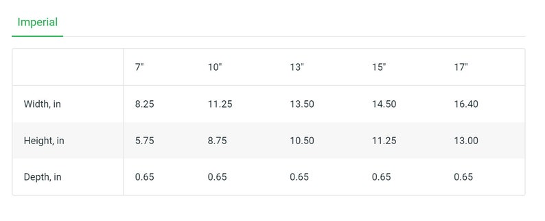 May include: Table dimensions in inches for different sizes. The table is 0.65 inches deep.