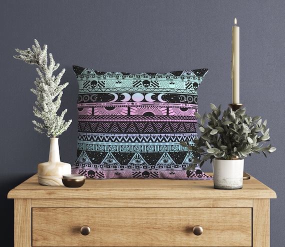 Pastel witch pillow, Esoteric tribal boho goth throw cusion or pillowcase in pink turquoise black. A witchy occult rainbow home decor accent