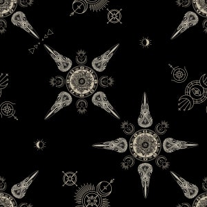 May include: A black and white seamless pattern featuring a repeating design of stylized raven skulls, celestial symbols, and geometric shapes.
