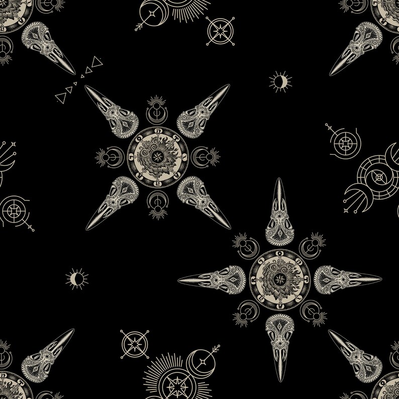 May include: A black and white seamless pattern featuring a repeating design of stylized raven skulls, celestial symbols, and geometric shapes.
