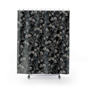 Goth Floral Shower Curtain, Spooky skull flower bath curtain, Gothic tiki bathroom decor,Witchy botanical bones home accent,Deadly beautiful image 3